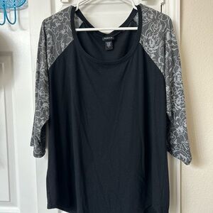torrid Black Raglan Tee with Gray Floral Sleeves